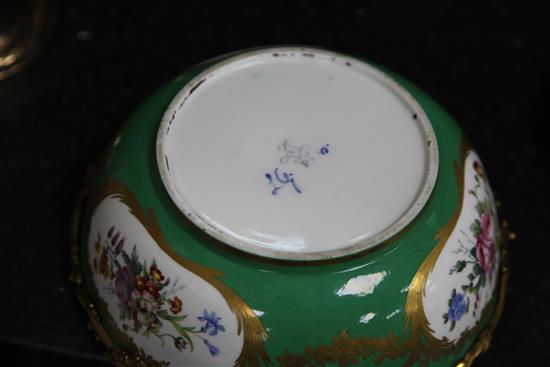 A pair of Sevres porcelain green ground bowls, c.1773, diameter incl. mounts 24cm (9.5in.), some decoration possibly later